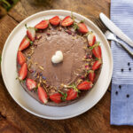 Chocolate cake topped with fresh strawberries, made at Indigo Vibe Cafe in Kilifi