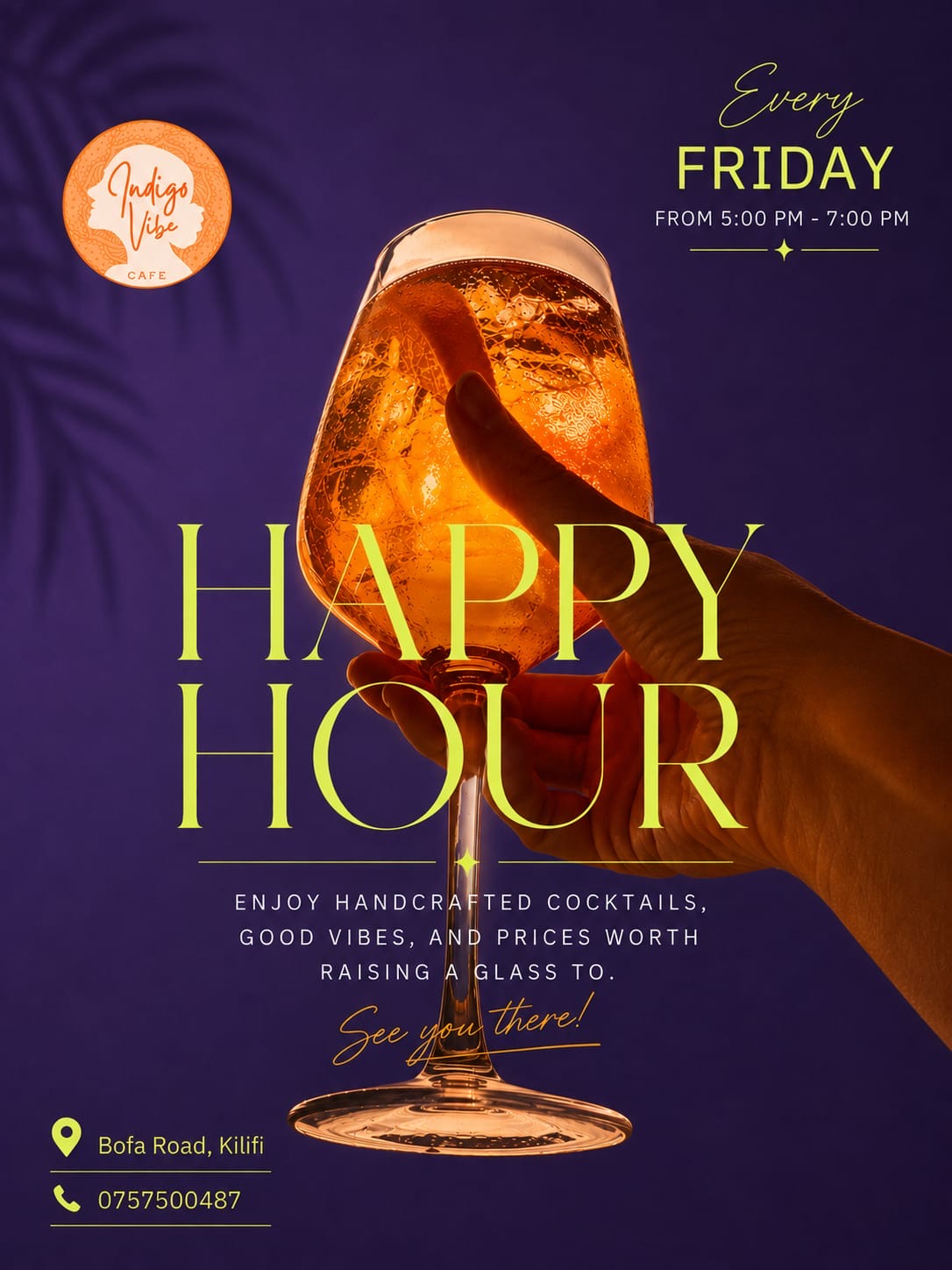 Happy hour poster for Indigo Vibe Cafe in Kilifi — every Friday 5pm to 7pm, cocktails 650 KSh