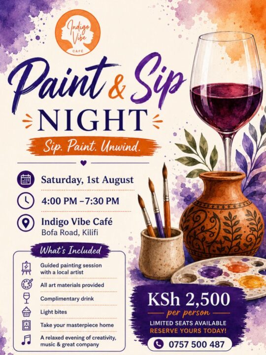 Poster for Paint and Sip Night at Indigo Vibe Cafe, Saturday 1 August, 4pm to 7.30pm