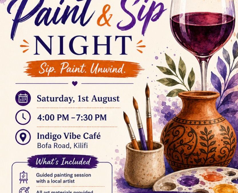 Poster for Paint and Sip Night at Indigo Vibe Cafe, Saturday 1 August, 4pm to 7.30pm