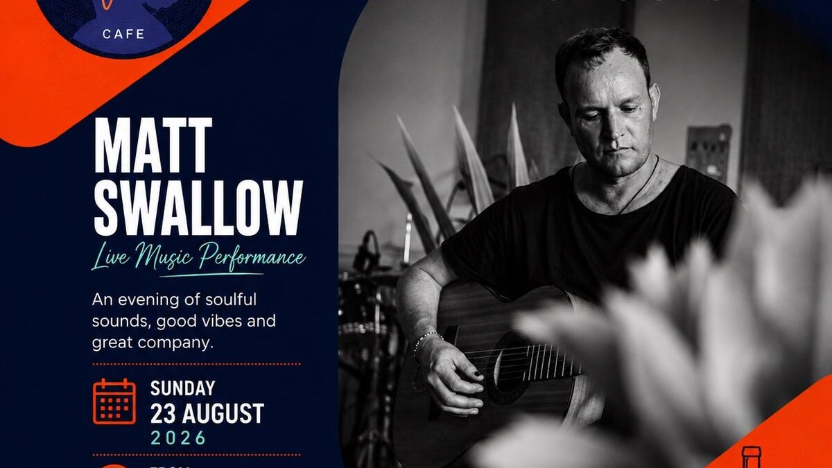 Poster for The Wind Down Session live music night with Matt Swallow at Indigo Vibe Cafe, Sunday 23 August 2026