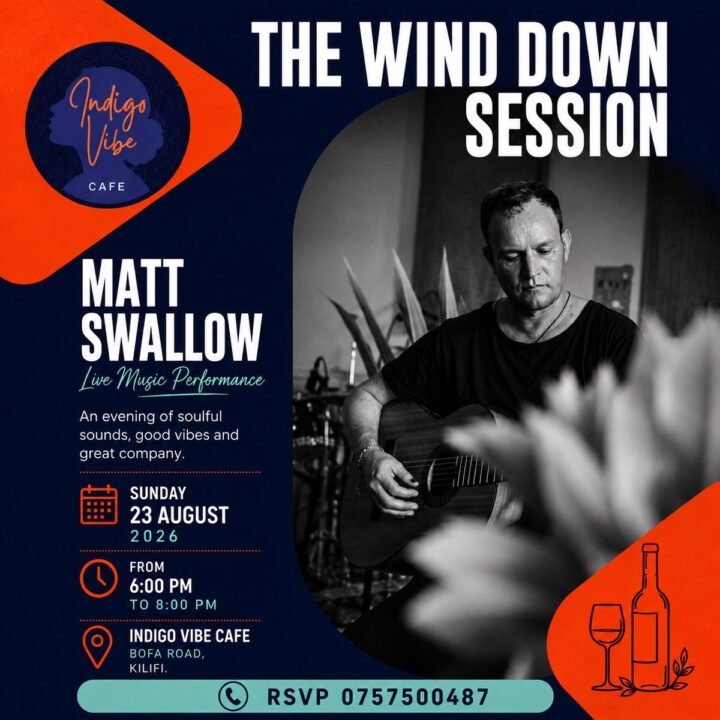 Poster for The Wind Down Session live music night with Matt Swallow at Indigo Vibe Cafe, Sunday 23 August 2026